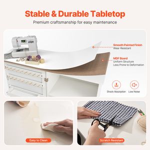 Tavolo Pieghevole Compatto Multifunzione per Macchina da Cucire con Ruote, Ripiani, Vassoi Portaoggetti e Pioli in Legno - Product Image 4