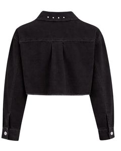 Veste en jean courte noire personnalisée pour femme avec col à strass et boutons, manches longues, style urbain, haut tendance - Product Image 2