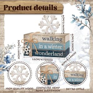 4 Pezzi Decorazioni Natalizie Invernali a Fiocco di Neve, Mini Segnaposto in Legno a Forma di Libro, Centrotavola per Vassoio a Più Livelli, Segnalibri Decorativi - Product Image 2