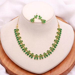 <b>Statement</b> Emerald Jewelry Set | Luxury Gold Plated Oval <b>Necklace</b> for Women Bridal Jewelry Party Wear <b>Necklace</b> - Product Image 2
