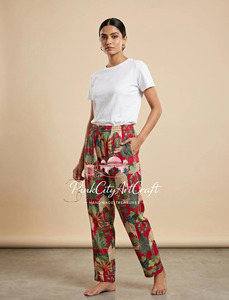 Handmade 100% Cotton Flock Print Summer Eco-Friendly Breathable Comfortable Blue <b>Floral</b> <b>Trousers</b> Indian Women Casual Pants - Product Image 5