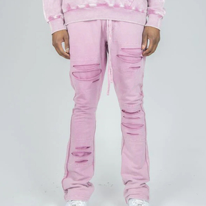 Ensemble de survêtement décontracté pour homme White Bird Express, sweat à capuche rose déchiré et pantalon de jogging déchiré, tenue streetwear décontractée 100% coton - Product Image 5