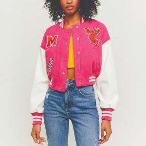 Veste de baseball courte rose pour femme, broderie lettre M « You've Got This », style preppy, manches longues, fermeture boutonnée, décontractée - Product Image 3
