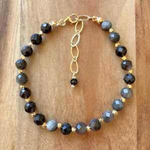 Natural Round Black ObsedianGemstone Jewelry Accessory Crystal Stone Beaded Bracelets for Women <b>Men</b> in 925 Silver Gold Plated - Product Image 3