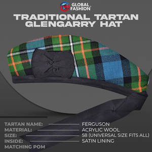Gorro Tradicional Escocés Negro Glengarry con Tartán Ferguson para Kilt, Accesorios para Gaitas de Fúqueta - Product Image 3