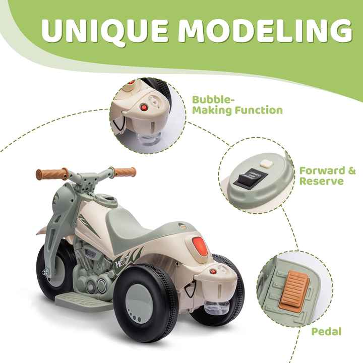 Cream White 6V Bubble Car Kids' 3-Wheeled Electric Motorcycle with LED Headlight & Music Ride-On Electric Tricycle