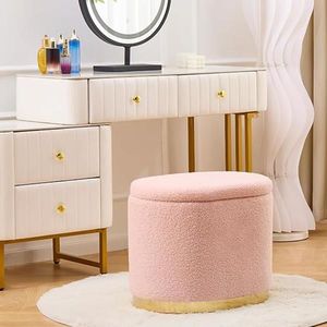 Pouf Contenitore Rotondo Imbottito con Coperchio a Ribalta, Base in Metallo Multifunzionale, Tavolino Laterale, Sgabello da Toeletta per Ingresso o Palestra - Product Image 5