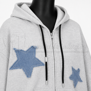 Sweat à capuche oversize zippé avec applique étoile en jean, unisexe, décontracté, en coton French Terry, pour l'automne - Product Image 6
