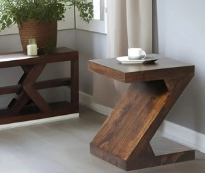Modern Z-Shaped Solid Wood End <b>Table</b> | Geometric Solid Wood Side <b>Table</b> for Living Room - Product Image 1