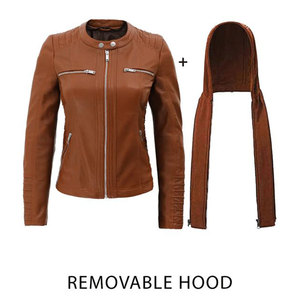 Premium Quality Women's Cognac Brown Real Lambskin Leather <b>Jacket</b> with Detachable Hood - Casual Slim Fit Moto - Product Image 5