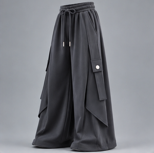 Pantalones Cargo de Pierna Ancha Gris Oscuro para Hombre, Cintura Elástica con Cordón, Bolsillos, Estilo Urbano, Pantalones de Otoño - Product Image 2