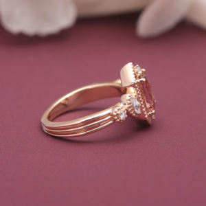 IGI Certified Lab Grown Diamond Hexagon Halo Bridal Ring in 9K Rose / Yellow & White Gold Radiant Cut <b>Pink</b> Diamond Ring - Product Image 3
