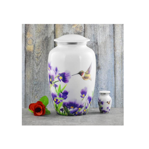 Urne funéraire en aluminium blanc avec motif floral violet et colibris, capacité 3-4L, urnes commémoratives décoratives de luxe faites à la main pour - Product Image 1