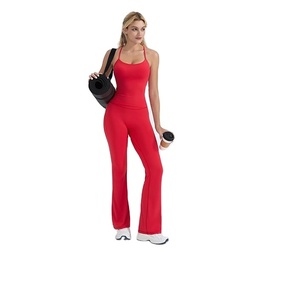 Ensemble de yoga pour femmes, col rond, manches courtes, deux pièces, pantalon de survêtement à taille haute et jambes larges avec cordon de serrage - Product Image 1