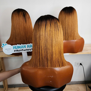 Wholesale <b>Bob</b> <b>Wig</b> Bone Straight Virgin Vietnamese Hair <b>Wig</b> for Women Glueless Lace 2x6 Closure in Ombre Brown Color - Product Image 3