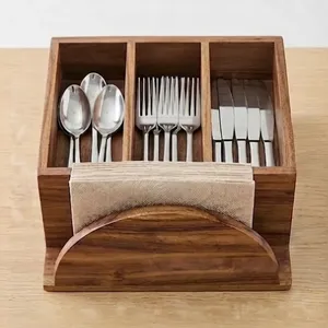 Mango Wood Eco-Friendly Utensil Holder 3 Compartment Rectangle Minimalist <b>Kitchen</b> <b>Storage</b> <b>Box</b> for Tableware with Napkin Rack - Product Image 1