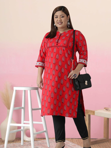 Conjunto de Dos Piezas de Kurti Recto con Estampado Floral de Algodón para Tallas Grandes, Rojo, Informal, Cómodo para el Verano, Largo hasta la Rodilla - Product Image 3