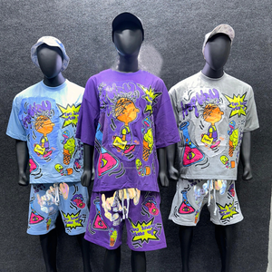 Unisex Summer Cotton T-Shirt Drawstring Shorts Set Acid Washed Reflective Streetwear Customized Screen Printing Men's Outerwear - Product Image 1