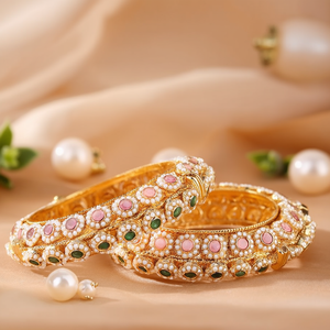 Radiant Gold Plated Brass Openable Charm <b>Bangles</b> <b>Set</b> with Pink and Gold Pearls - Product Image 3