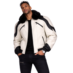 Chaqueta de cuero para hombre con piel New Devil White Sheep Leather Bomber Jacket Chaqueta de piel negra con cuello desmontable a la moda elegante - Product Image 1
