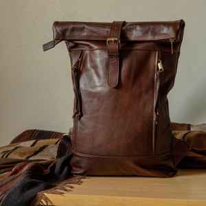 Authentic Leather Roll Top Backpack Handcrafted Travel Rucksack Mens Waterproof Cowhide <b>Computer</b> <b>Bag</b> LTBP-0025 - Product Image 1