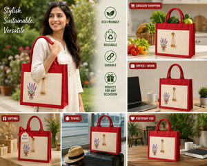 Sac fourre-tout en jute laminé rouge avec imprimé lavande et bouton en bois – Sac de courses écologique réutilisable pour mariages et expositions - Product Image 5