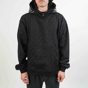 Sudadera con Capucha Negra para Hombre, Estampado de Puntos, Estilo Casual, Tejido de Punto, Manga Regular, FRENCH TERRY, para Otoño, con Pedrería Brillante - Product Image 1