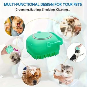 Spazzole per la toelettatura ergonomiche per animali domestici 2 pezzi in Silicone strumento per massaggio delicato setole blu rosa accessorio da bagno per cani gatti durevole - Product Image 3