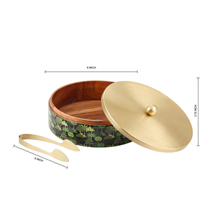 Polished Solid Wood Chapati Box-Souvenir for Kitchen Use Round Design with <b>Lid</b> white flower design - Product Image 3
