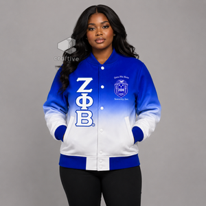 Zeta Phi Beta Women's Ombre Satin Varsity Jacket Embroidered Greek Letter Snap <b>Button</b> Rib Knit Collar Cuff Letterman Jacket - Product Image 6