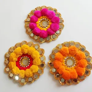 Handmade Round <b>Tea</b> <b>Light</b> <b>Holder</b> with Pom Poms and Mirror Accents for Christmas & Easter Home Decoration Wall Mounted - Product Image 2