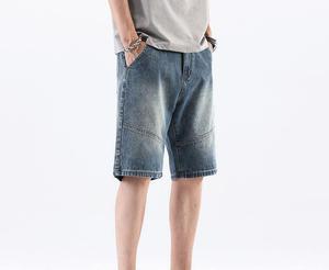 Men's Mid Waist Denim Bermuda Shorts Solid Color Cotton Fabric <b>Button</b> <b>Fly</b> Casual Style Breathable Woven Material - Product Image 1