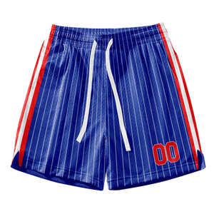 Ensemble uniforme de basket rétro personnalisé à rayures bleues, maillot et short avec bordure de texte rouge et blanc, design rétro avec nom et numéro de l'équipe - Product Image 5