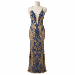 Luxury Navy Blue Embellished Deep V Neck Mermaid Evening Gown for Women <b>Sequin</b> Beaded Formal Party Wedding Reception Dress - Product Image 1