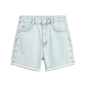 High Waist Denim Shorts With Star Applique <b>Patchwork</b> Design Distressed Hem Casual Women's Embellished Denim Shorts - Product Image 4