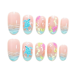 Uñas Postizas con Diseño Floral de Tortuga Marina, Cobertura Completa, 24 Piezas, Forma Almendrada, Pre-Diseñadas para Mujeres - Product Image 3
