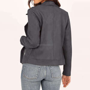 Vestes en daim gris style motard pour femmes avec fermeture éclair asymétrique col à revers manches longues recadrée Moto Fit Look vintage moderne - Product Image 5