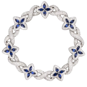 Bracelet Trèfle Porte-Bonheur Saphir Bleu en Argent Sterling 925 Plaqué Or 13mm, Bijou Hip Hop Sertie de Diamants Moissanite VVS, Cadeau - Product Image 1