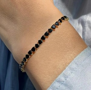Heart Shape Black Onyx Gold Plated Sterling <b>Silver</b> <b>Charm</b> Tennis Bracelet Elegant Luxury Fine Jewelry for Women - Product Image 3