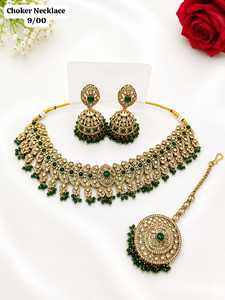Parure de bijoux ethniques plaqués or avec zircon et jadau, collier et boucles d'oreilles en laiton, bijoux de mariée avec choker et dupatta pour femme, idéale pour les mariages et les fêtes - Product Image 4