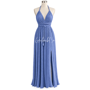 Robe longue bleu pétale de violette à col licou, taille ajustable avec lien, tissu texturé doux, fente latérale, fluide, pour l'été, la plage, les soirées et les fêtes - Product Image 1