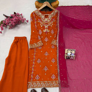 Ensemble Salwar Kameez en Georgette Festif Hiver 2026 avec Broderie Miroir Gota Patti, Tenue de Soirée Pakistanaise de Créateur, Dupatta Rose - Product Image 6