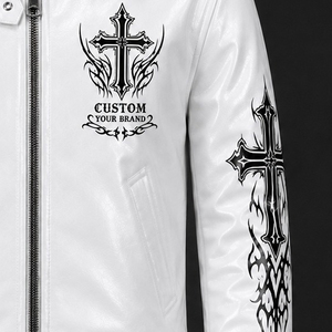 Custom White Leather Jacket Men's Gothic Cross Print Faux Fur Collar Biker Jacket <b>Winter</b> Fashion <b>Coat</b> - Product Image 4