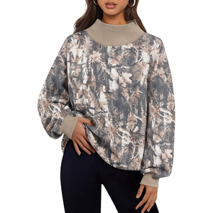 Women's Oversized <b>Stand</b> Collar Printed Sweatshirt Solid Color Front <b>Drop</b>-Shoulder Long Sleeve Knitted Cotton Winter Autumn Wear - Product Image 6
