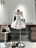 Ensemble 2 pièces élégant style vietnamien pour soirée : Robe mini en mousseline transparente sans bretelles et cardigan en dentelle à col en V, respirant, à manches longues et coupe courte