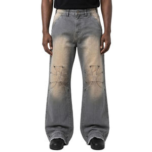 <b>Men's</b> Stonewashed <b>Flare</b> <b>Jeans</b> Mid Waist Button Fly 100% Cotton Street Style Lightweight Canvas Summer Customized Printing Pants - Product Image 1