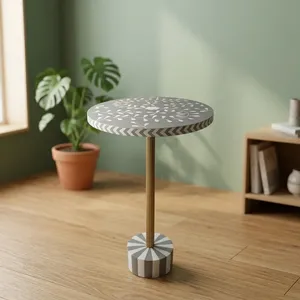 Mesa Auxiliar Moderna con Patrón Floral Redondo, Pedestal de Metal y Base Geométrica, Mueble Decorativo Contemporáneo para Sala de Estar - Product Image 4