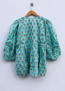 Robe d'été décontractée pour femme, style bohème, en coton bleu ciel, imprimé floral fait main, manches bouffantes, coupe ample, col noué, mini-robe - Product Image 5