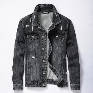 Blouson en jean déchiré bleu vintage pour homme, coupe slim, manches longues, style motard, personnalisable, populaire et classique - Product Image 2
