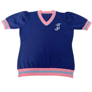 เสื้อสเวตเตอร์คอวีแขนสั้นสีน้ำเงินกรมท่าสำหรับผู้หญิง ยี่ห้อแจ็คแอนด์จิล เนื้อผ้านุ่ม สวมใส่สบาย สไตล์คลาสสิก แฟชั่นลำลอง สามารถสั่งตัดได้ - Product Image 2